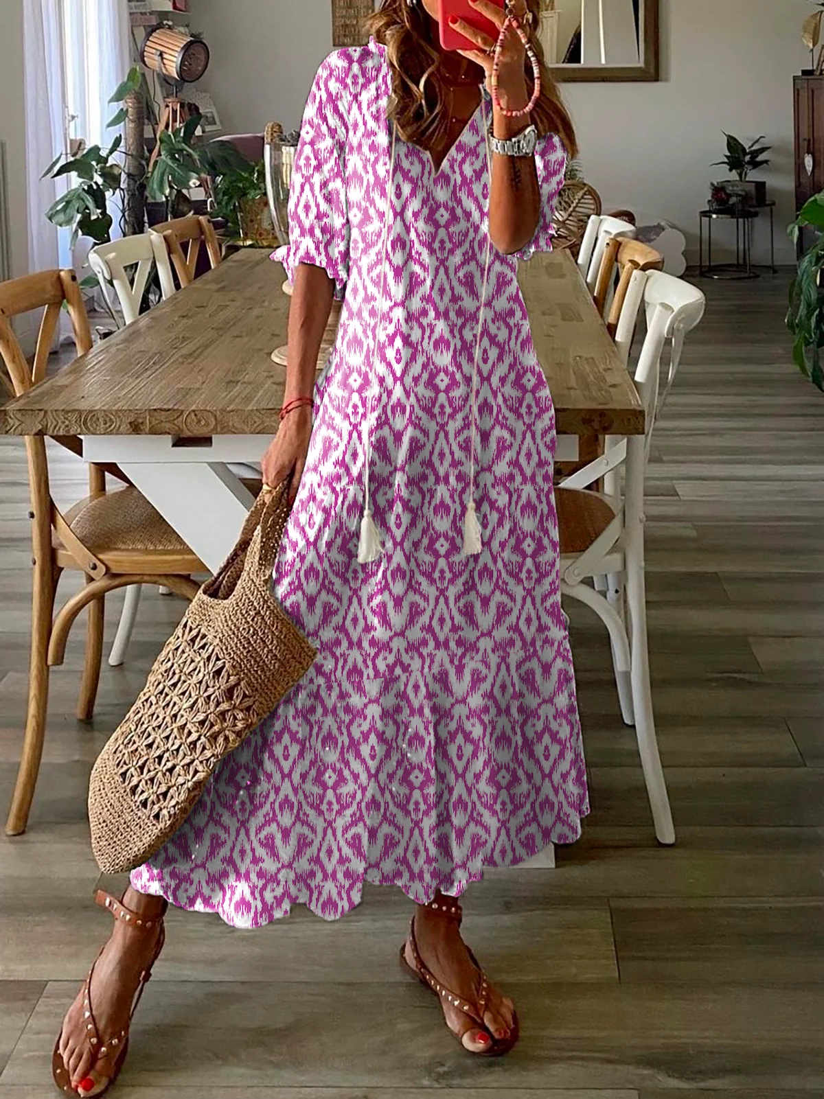 Casual H-Line V Neck Lightweight Geometric Floral Printed Short Sleeve Maxi Dress