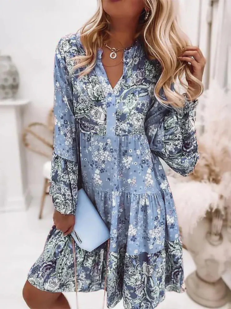 V Neck Loosen Casual Long sleeve Woven Dress