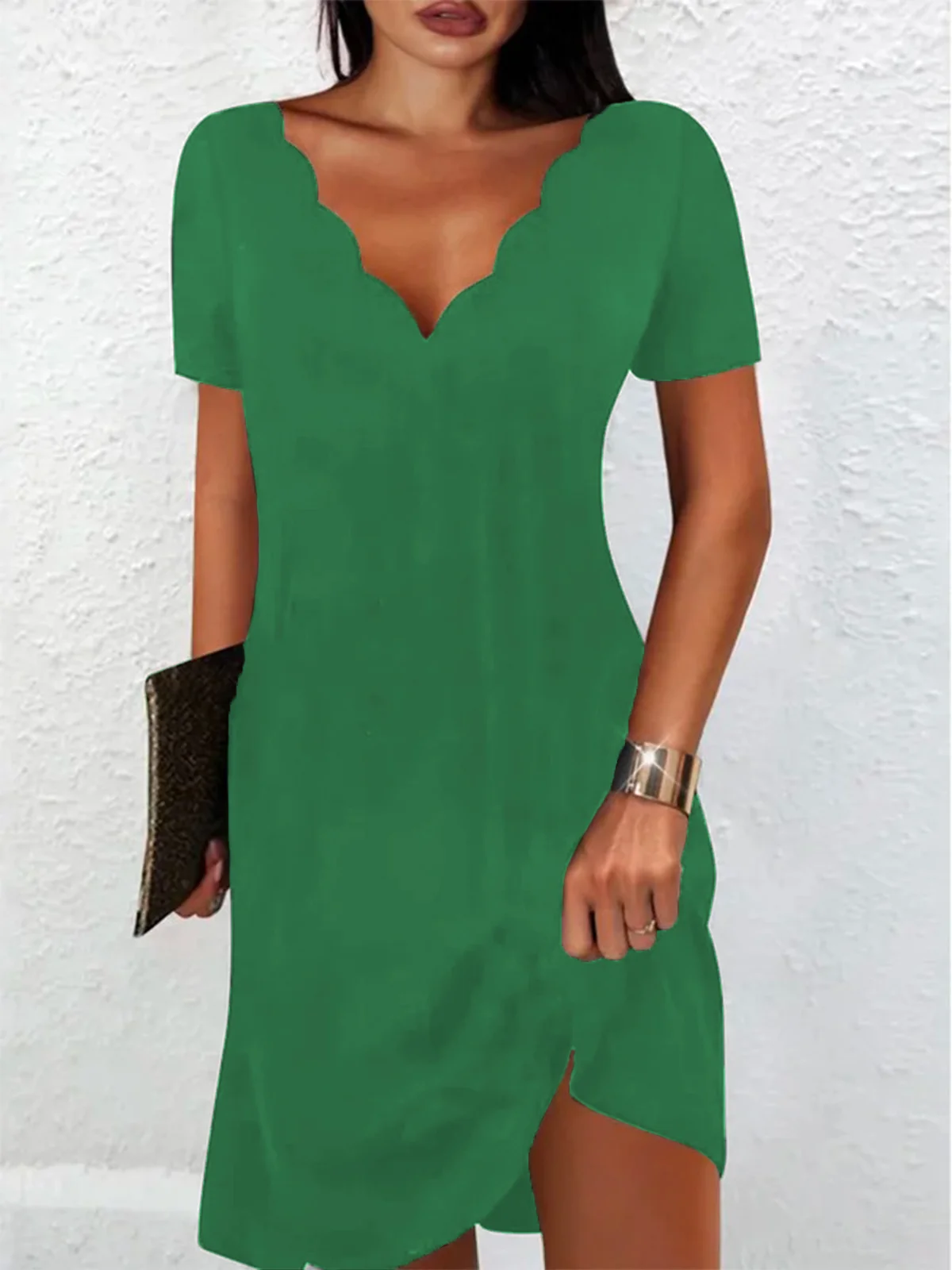 Casual Solid V neck Short Sleeve Knit Dress