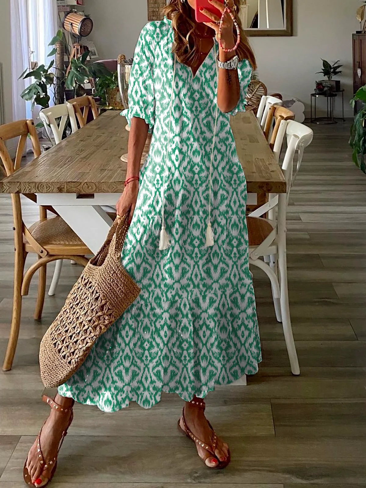 Casual H-Line V Neck Lightweight Geometric Floral Printed Short Sleeve Maxi Dress