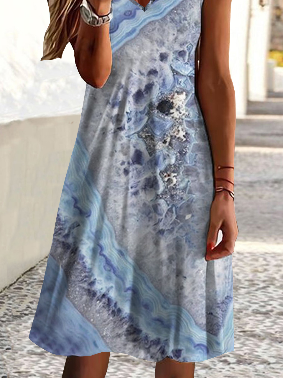 Vacation Abstract Sea Printed Loosen Midi Dress