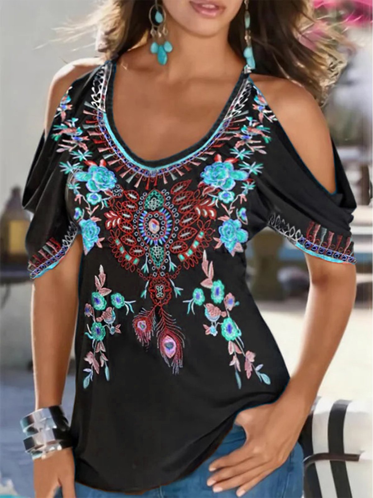 Boho V neck Printed Short Sleeve Shirt & Top