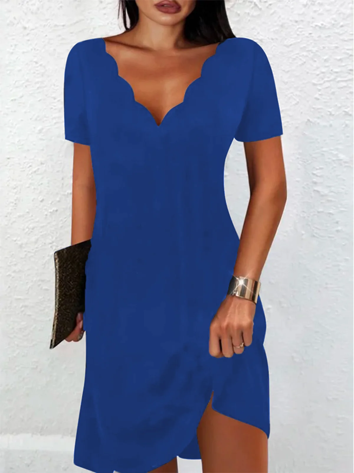 Casual Solid V neck Short Sleeve Knit Dress