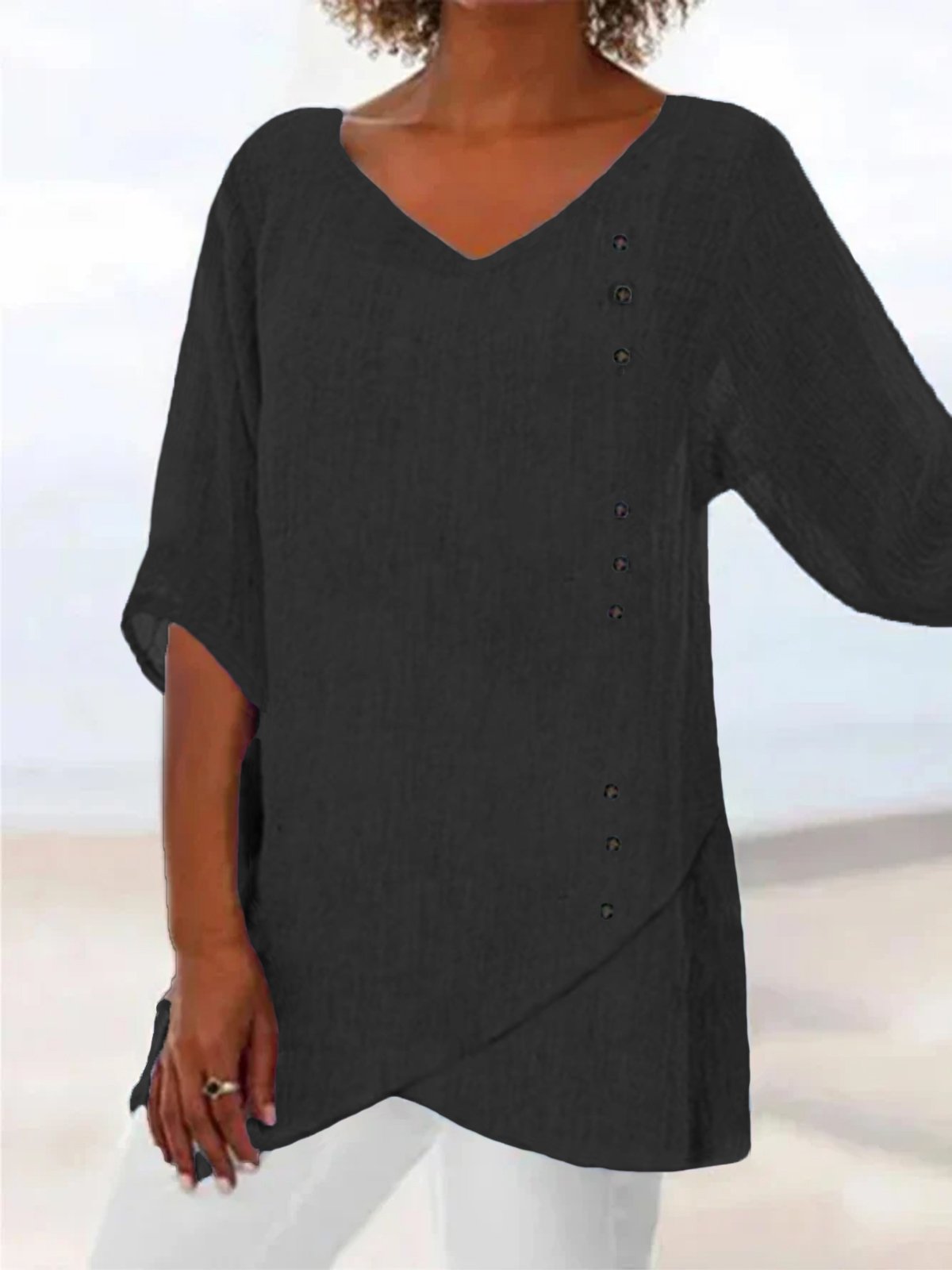 Casual Plain V Neck Loose Blouse