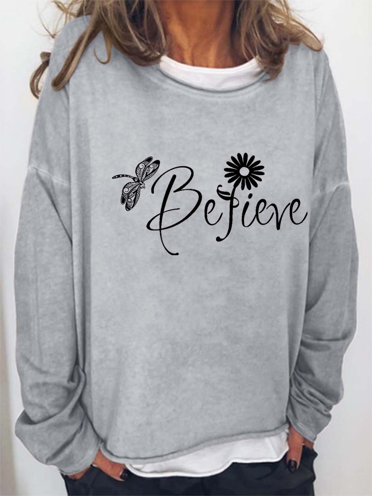 Women Dragonfly Floral Letters Casual Sweatshirt