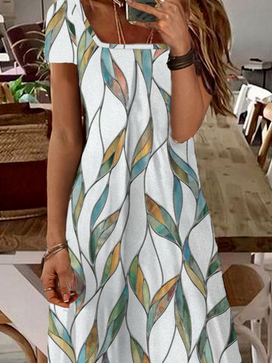 Printed Casual Square Neck Short Sleeve Dress