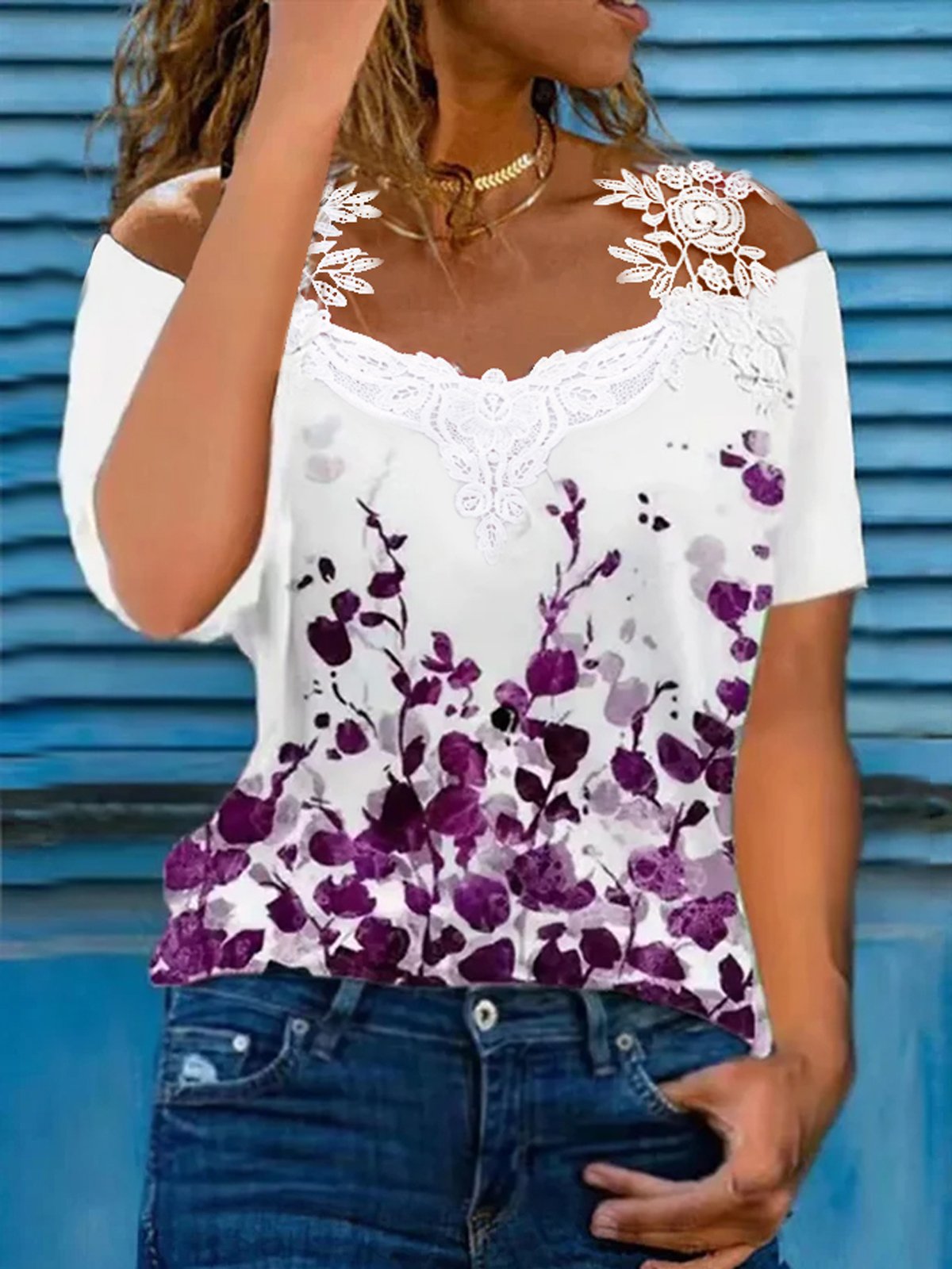 Casual Floral Short Sleeve V Neck Printed Top T-shirt