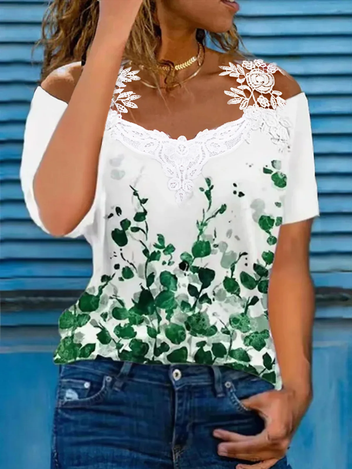 Casual Floral Short Sleeve V Neck Printed Top T-shirt