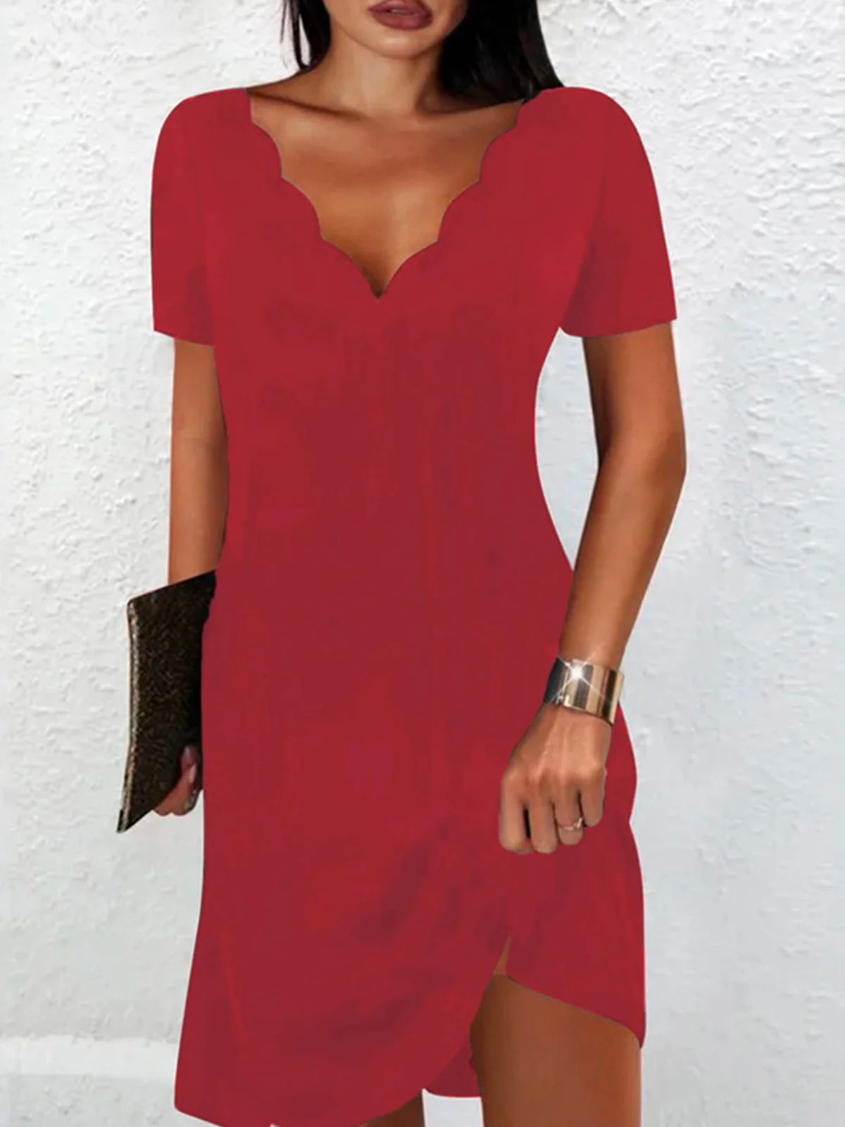 Casual Solid V neck Short Sleeve Knit Dress