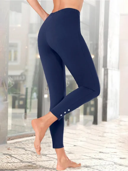 Plain Casual Leggings Tight Ankle Pants With Buttoned Design