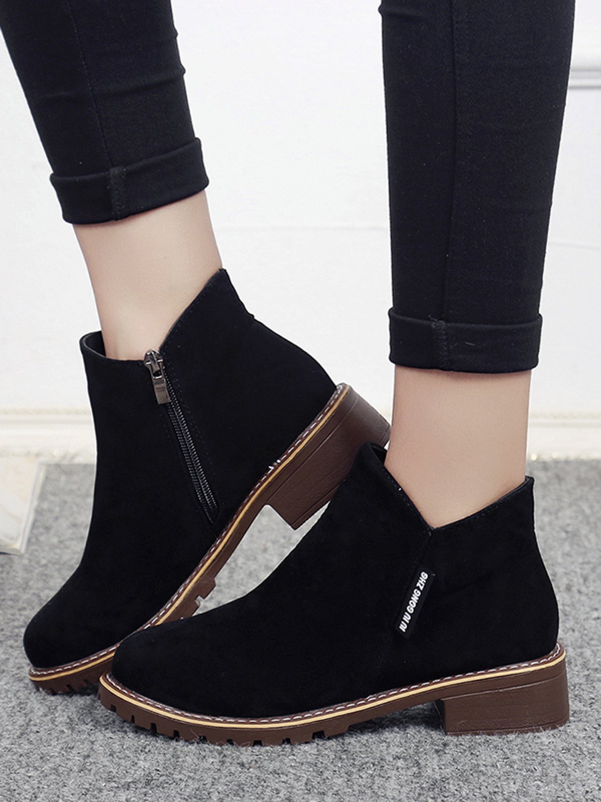 British Style Round Toe Comfortable Zip Low Heel Booties