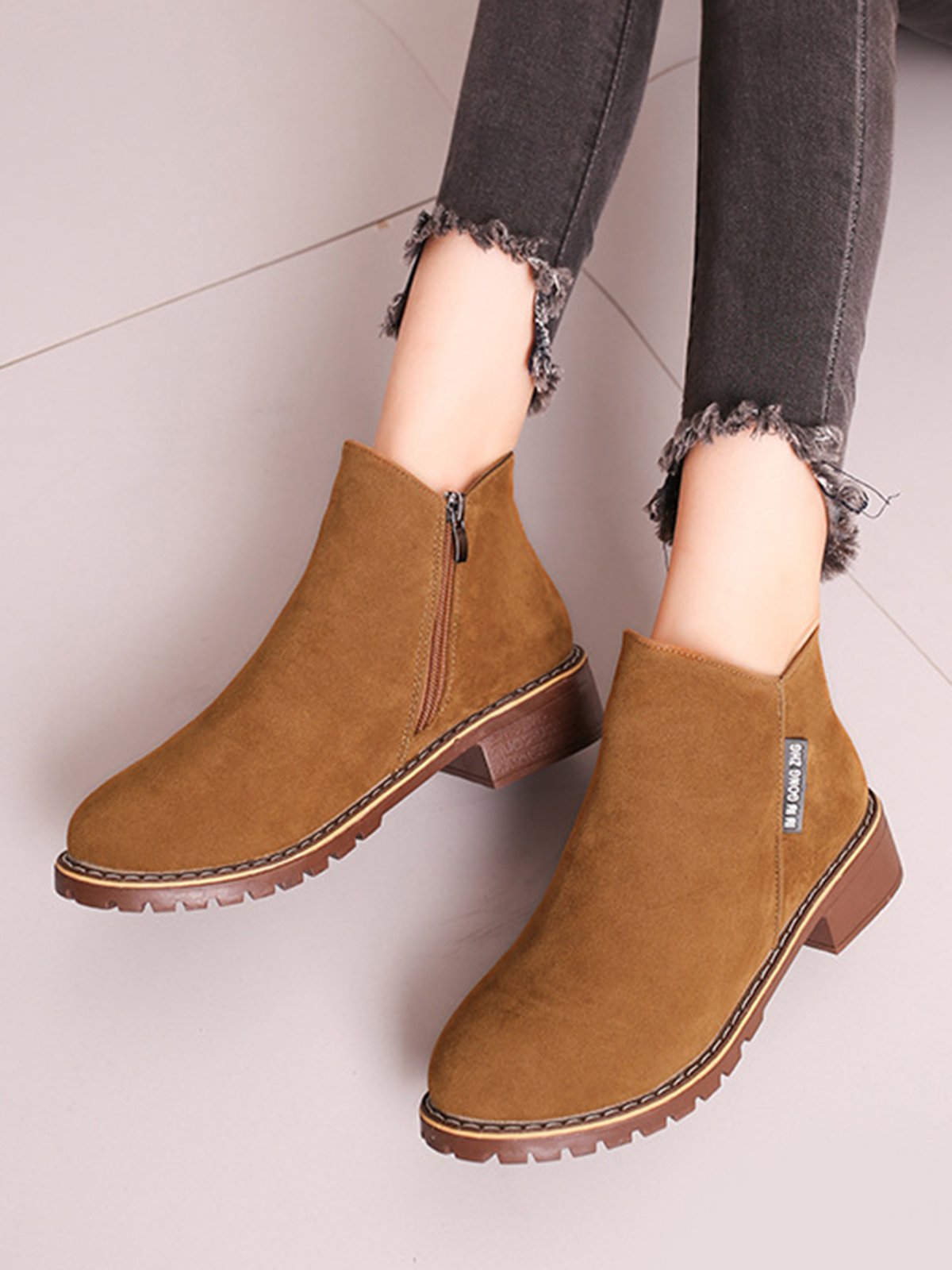 British Style Round Toe Comfortable Zip Low Heel Booties