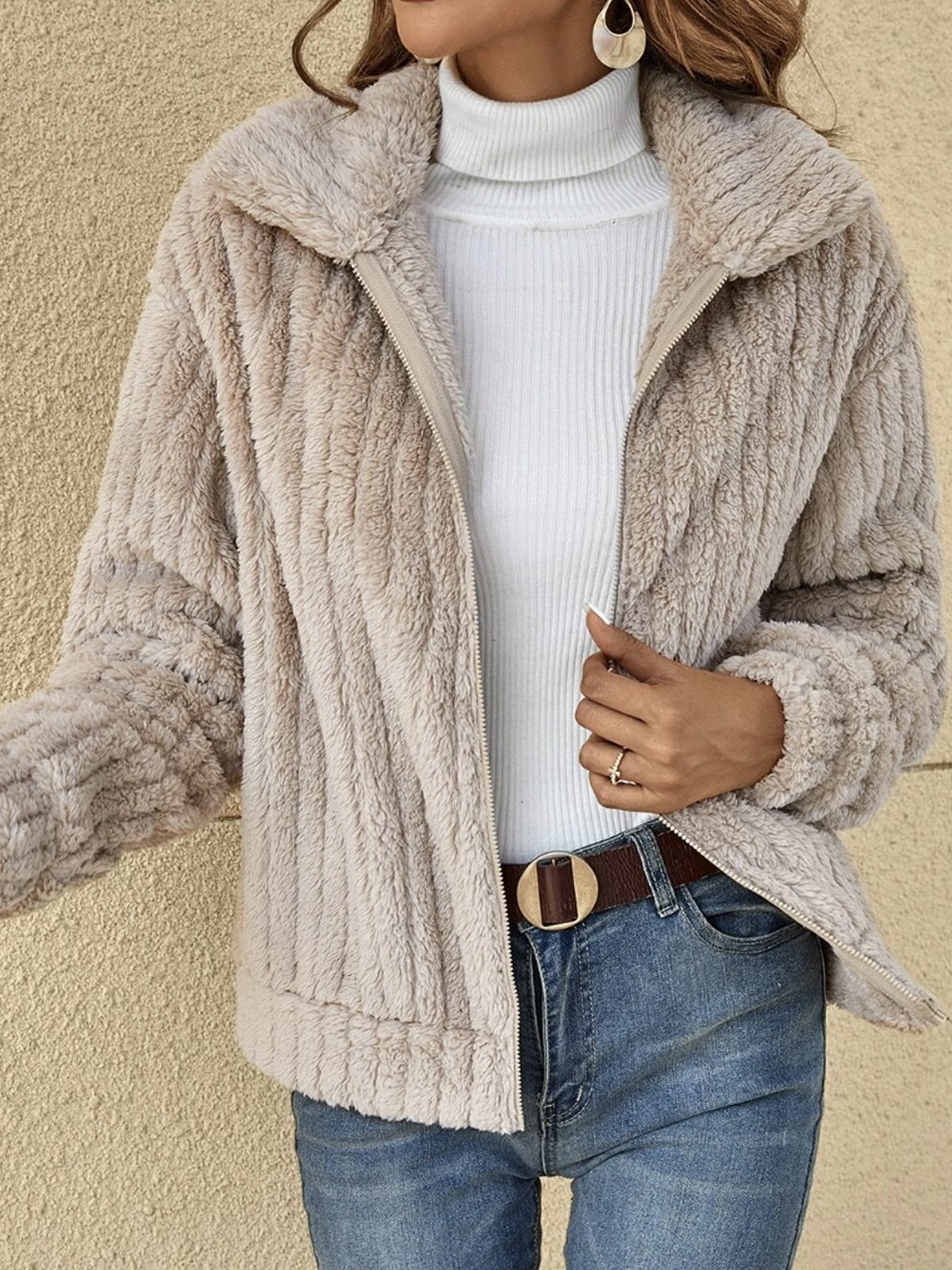 Women Casual Plain Autumn No Elasticity Daily Plush Long sleeve Regular Regular Teddy Jacket