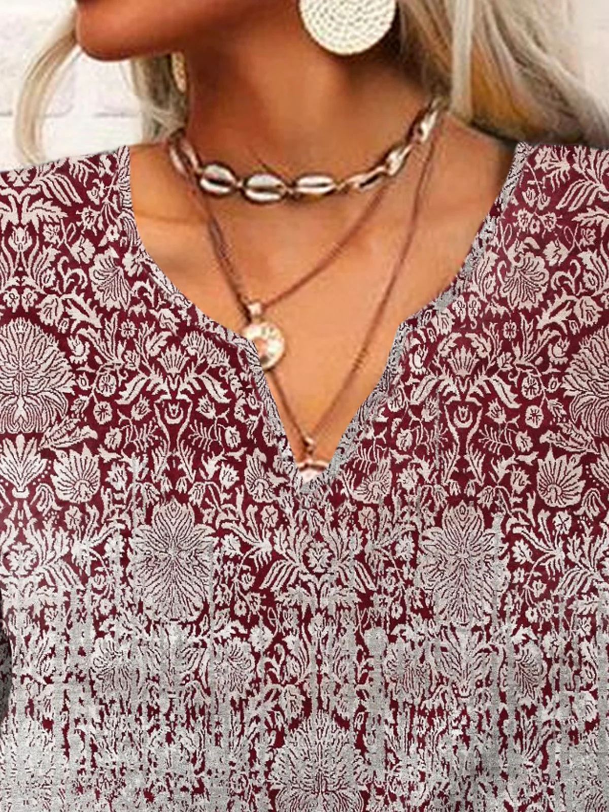 Ethnic Long Sleeve Notched Casual T-Shirt