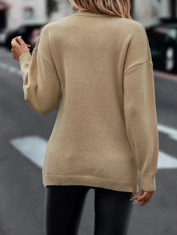 Daily Plain Casual Cross V Neck Tunic Winter Knitted Loose Long Sleeve Sweater