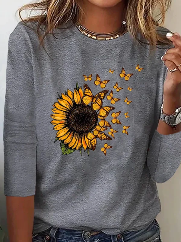 Casual Autumn Sunflower Micro-Elasticity Loose Jersey Standard Crew Neck Regular T-shirt for Women