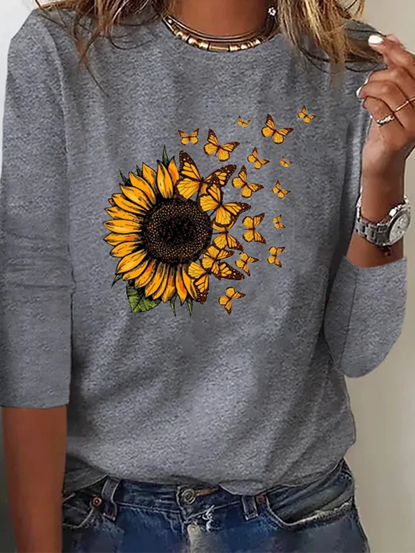 Casual Autumn Sunflower Micro-Elasticity Loose Jersey Standard Crew Neck Regular T-shirt for Women