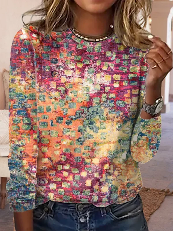 Casual Loose Abstract Mosaic Pattern Crew Neck Long Sleeve T-Shirt