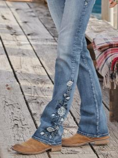 Casual Embroidered Floral Denim Jeans