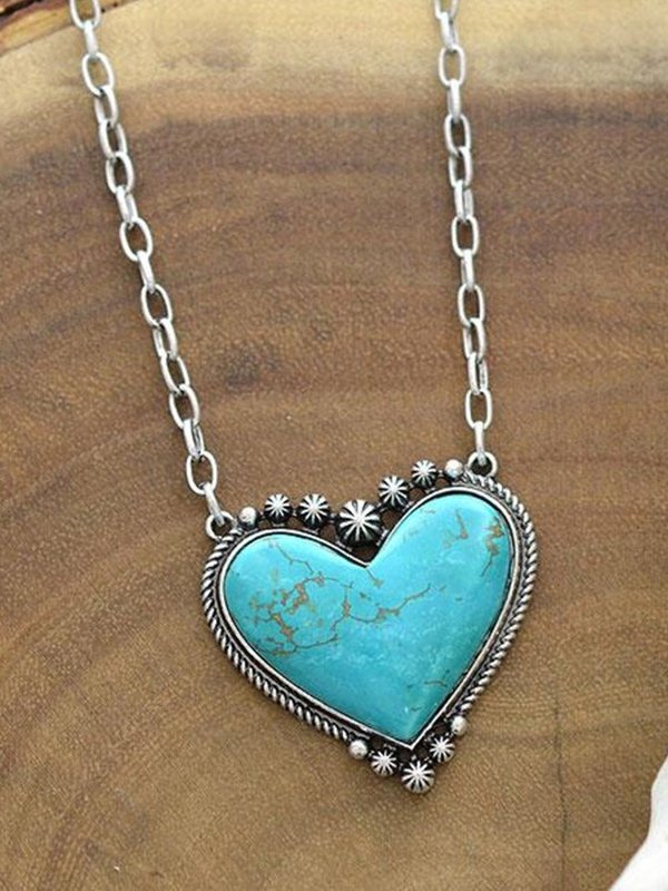 Boho Natural Turquoise Heart Pattern Necklace Sweater Chain Ethnic Vintage Jewelry