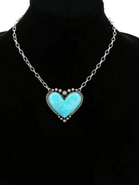 Boho Natural Turquoise Heart Pattern Necklace Sweater Chain Ethnic Vintage Jewelry