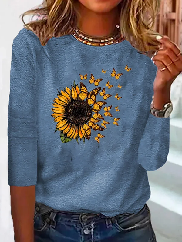 Casual Autumn Sunflower Micro-Elasticity Loose Jersey Standard Crew Neck Regular T-shirt for Women