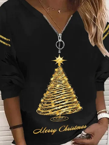 Casual Christmas Long Sleeve V Neck Printed Top Sweatshirt Xmas Hoodies