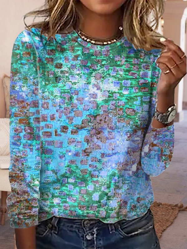 Casual Loose Abstract Mosaic Pattern Crew Neck Long Sleeve T-Shirt