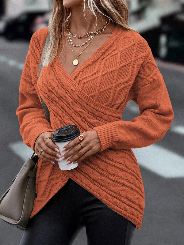 Daily Plain Casual Cross V Neck Tunic Winter Knitted Loose Long Sleeve Sweater