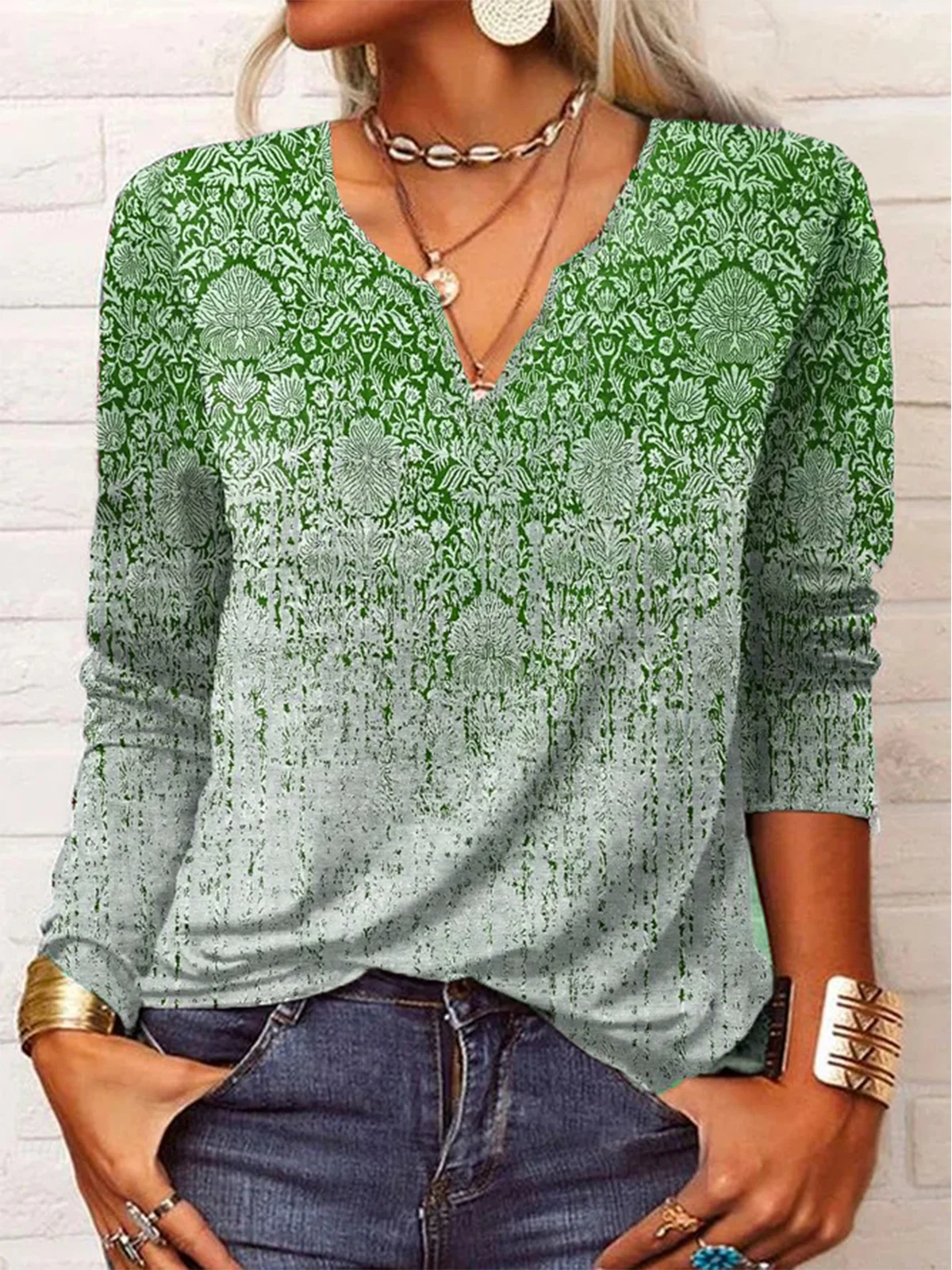 Ethnic Long Sleeve Notched Casual T-Shirt