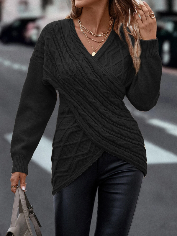 Daily Plain Casual Cross V Neck Tunic Winter Knitted Loose Long Sleeve Sweater