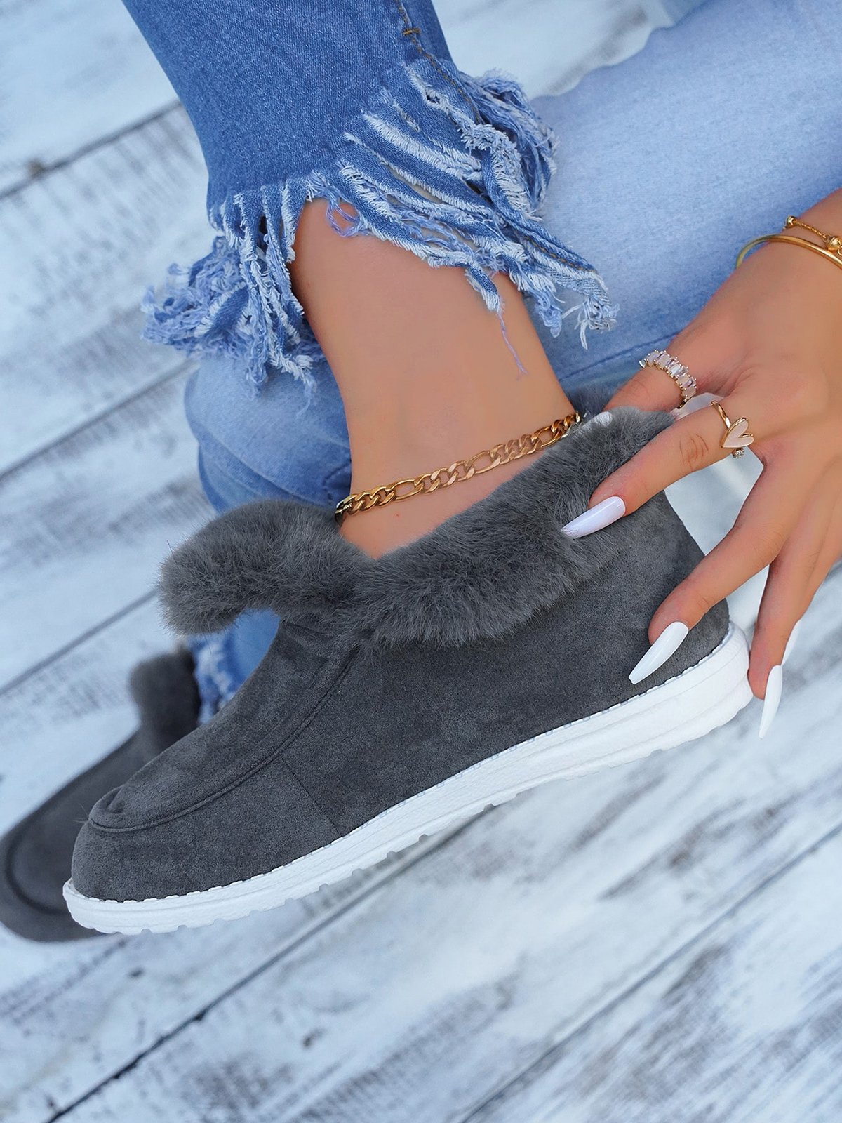 Women Casual Color Block Winter Faux Suede Slip On Split Joint Furry Snow Boots
