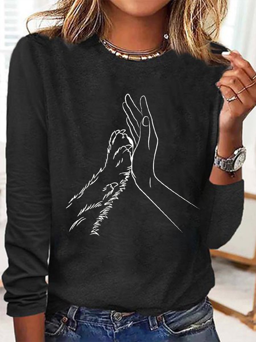 Women's Lover Dog Hand Simple Crew Neck Cotton-Blend Regular Fit Long Sleeve Top