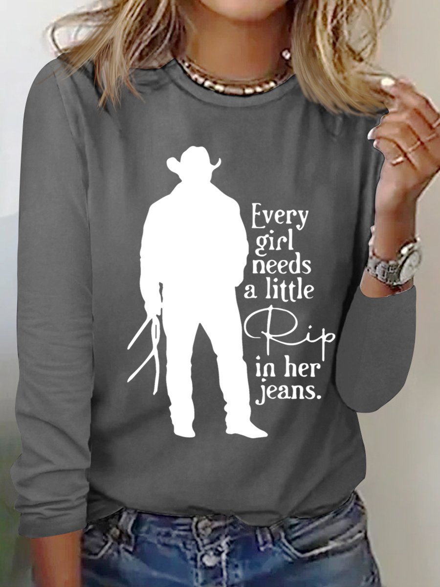 Women Funny Word Every Girl Needs A Little Rip In Her Jeans Text Letters Cotton-Blend Long Sleeve Top