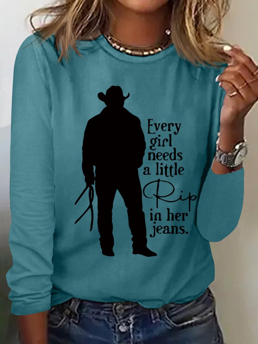 Women Funny Word Every Girl Needs A Little Rip In Her Jeans Text Letters Cotton-Blend Long Sleeve Top