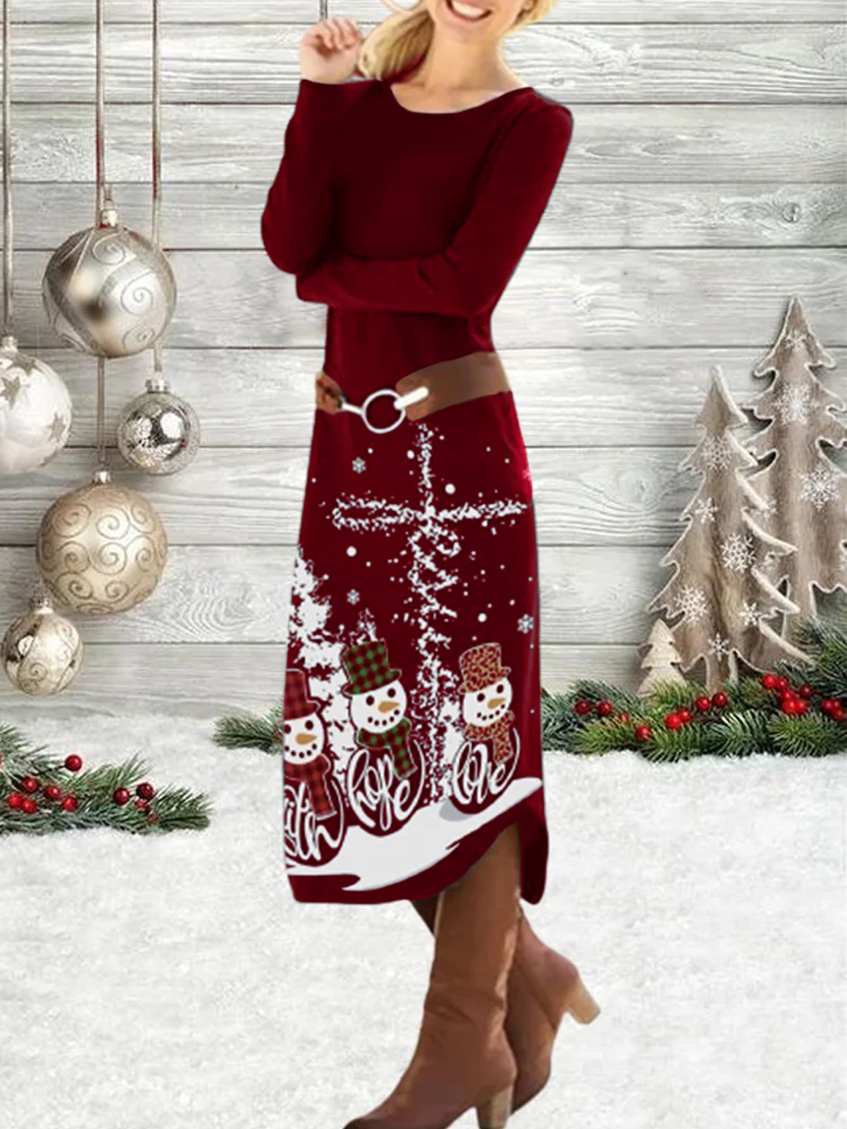 Christmas Winter Jersey Loose Crew Neck Maxi Dress Xmas A-Line Long Sleeve Dress