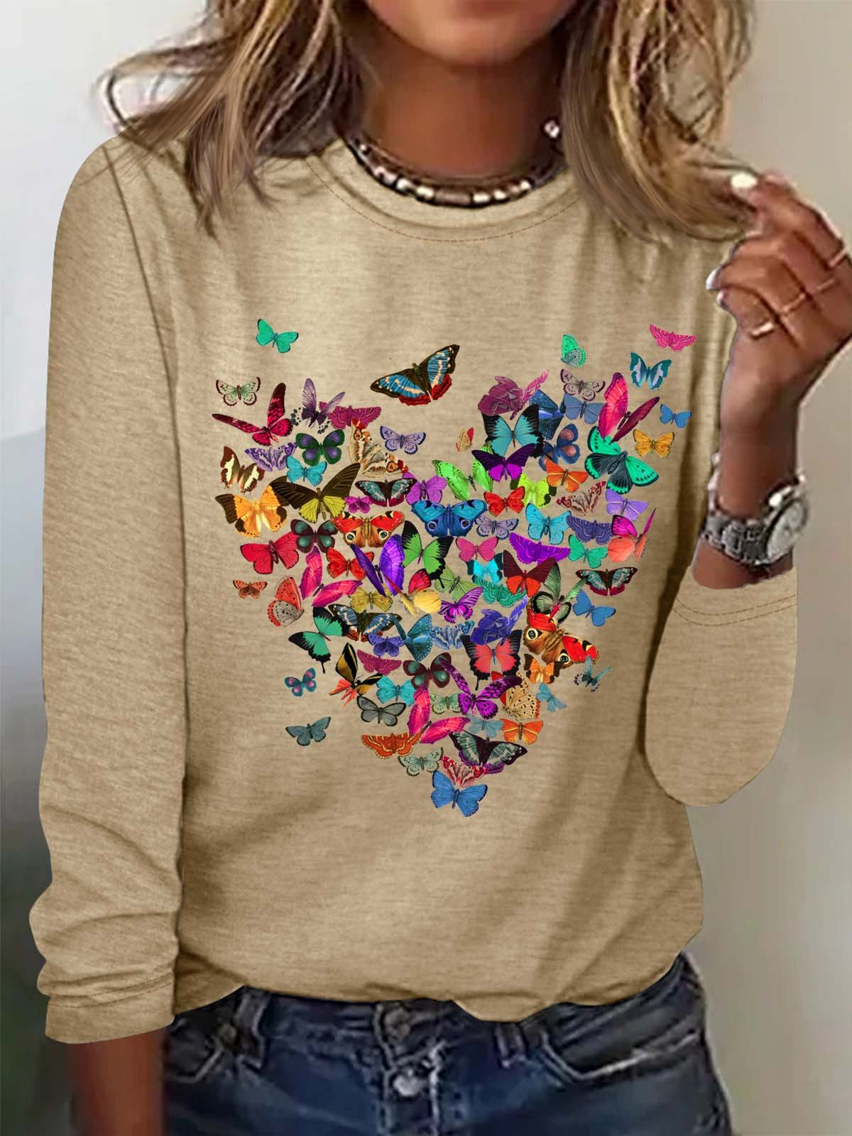 Women's Butterfly Heart Print Valentine's Day Casual Crew Neck Long Sleeve Top Shirts