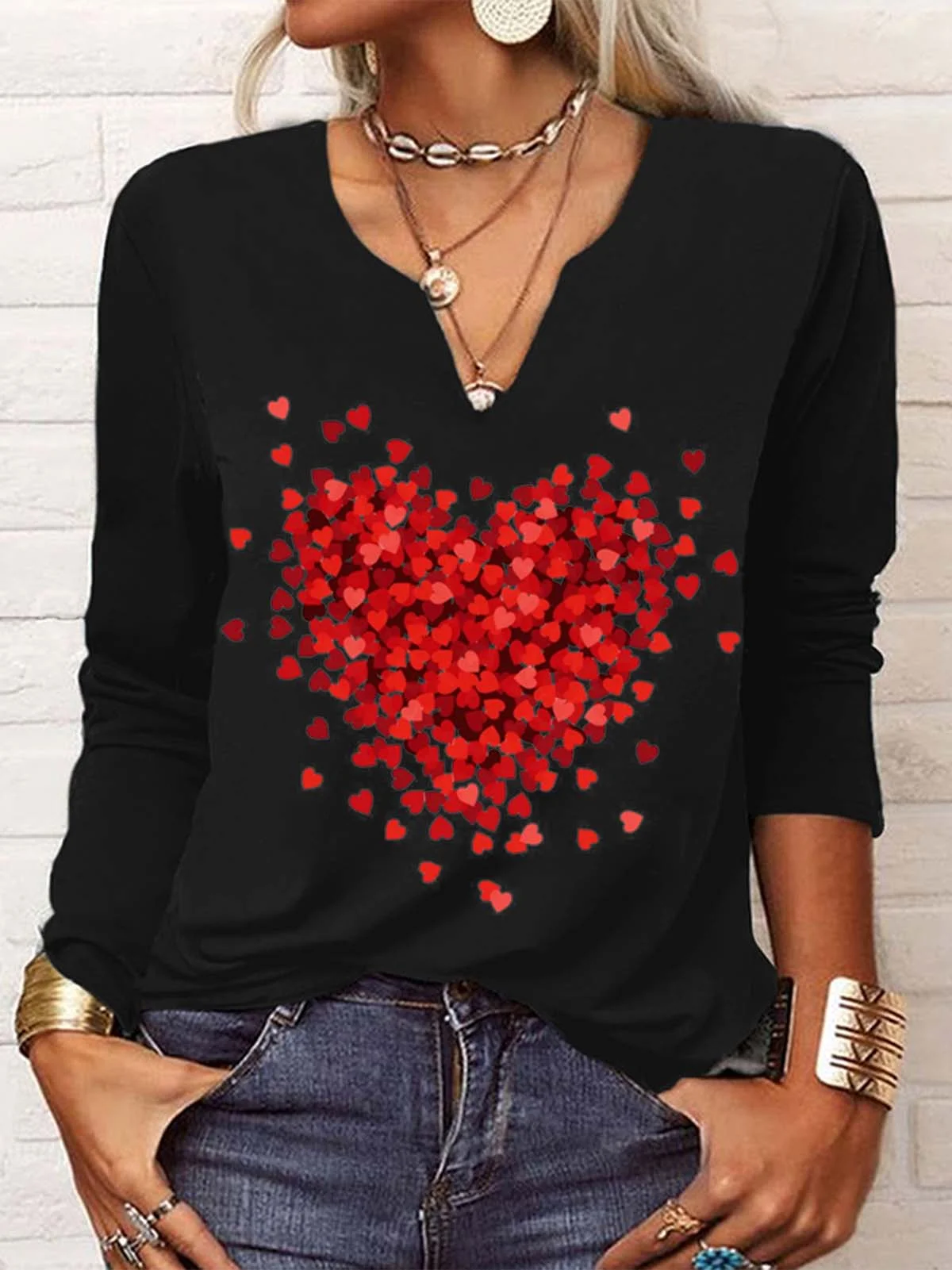 Valentine's Day Daily Casual Loose Heart/Cordate Print Jersey H-Line V neck Long Sleeve T-Shirt