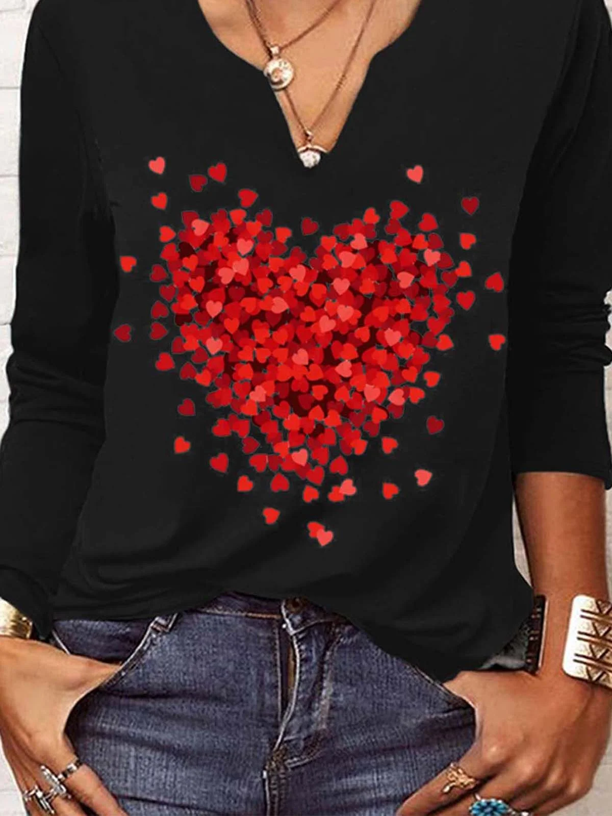 Valentine's Day Daily Casual Loose Heart/Cordate Print Jersey H-Line V neck Long Sleeve T-Shirt