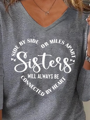 Women Sister Text Letters Regular Fit Jersey H-Line Casual V Neck Long Sleeve T-Shirt