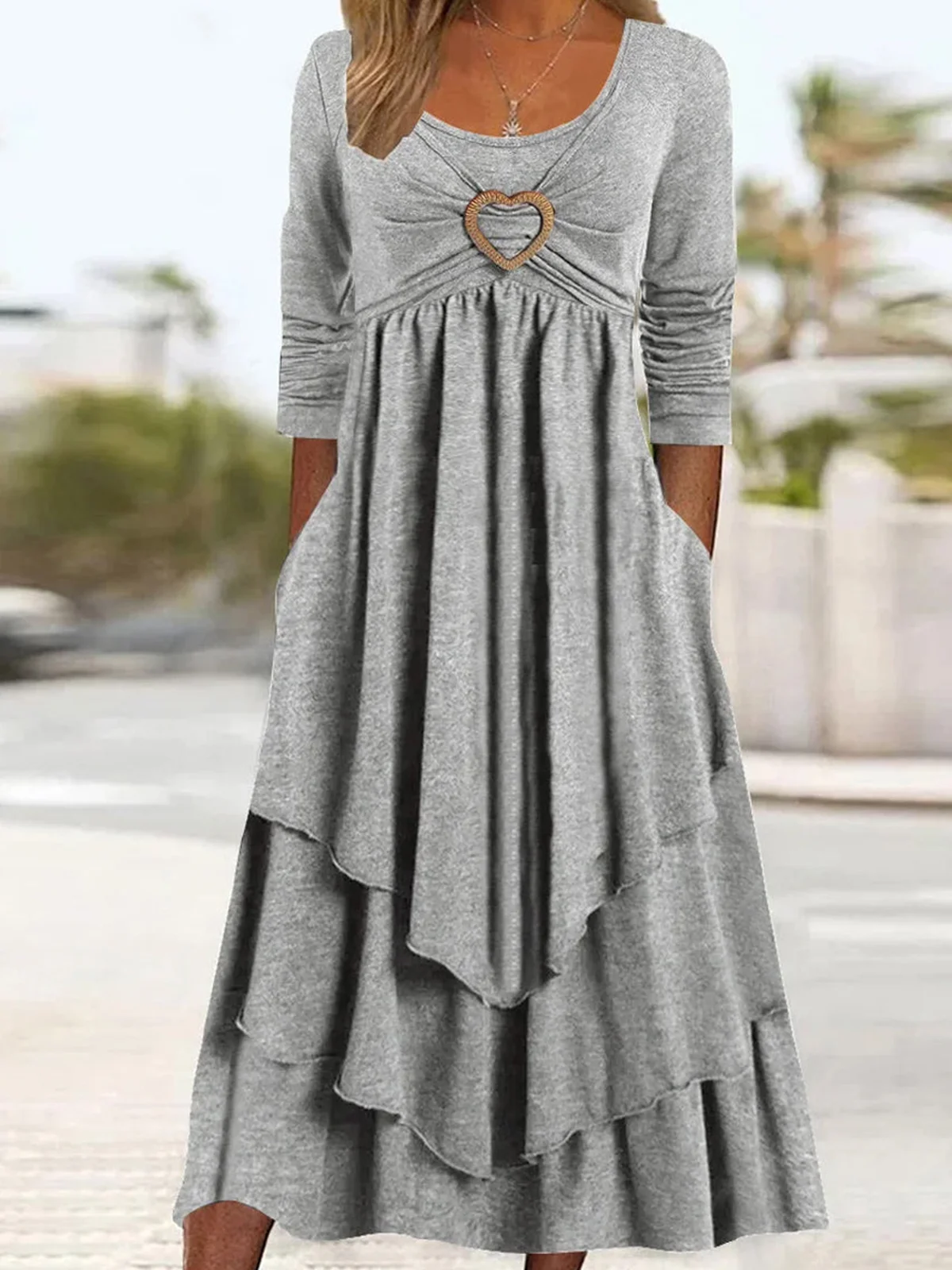 Plain Daily Casual Grommets Jersey Loose A-Line Long Sleeve Maxi Dress