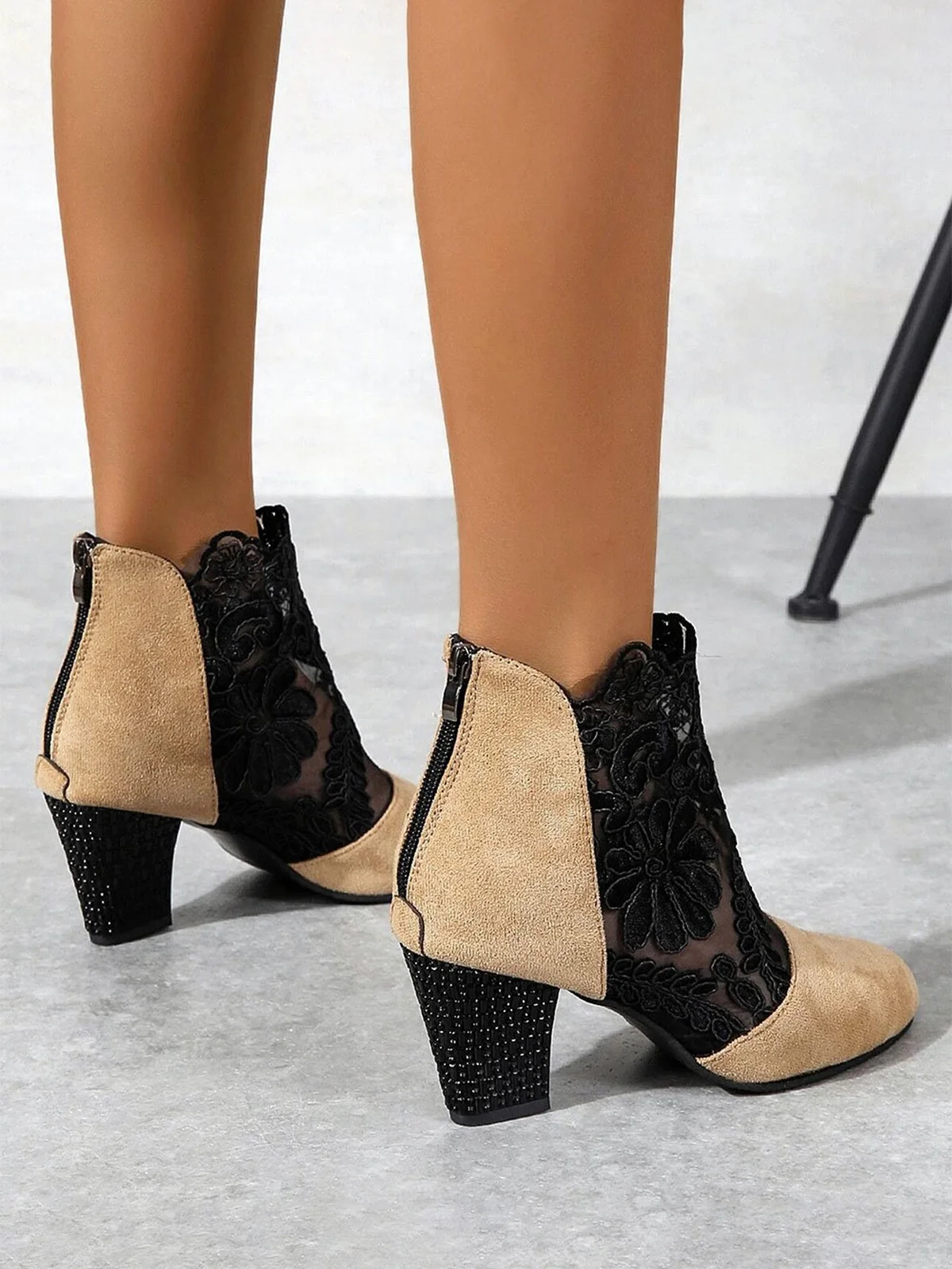 Lace Split Joint Chunky Heel Sandals Boots with Back Zip