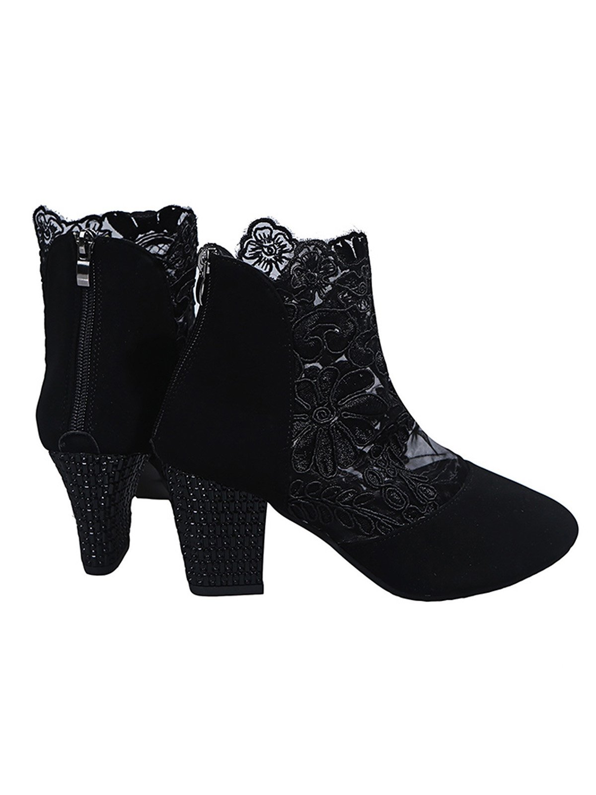 Lace Split Joint Chunky Heel Sandals Boots with Back Zip