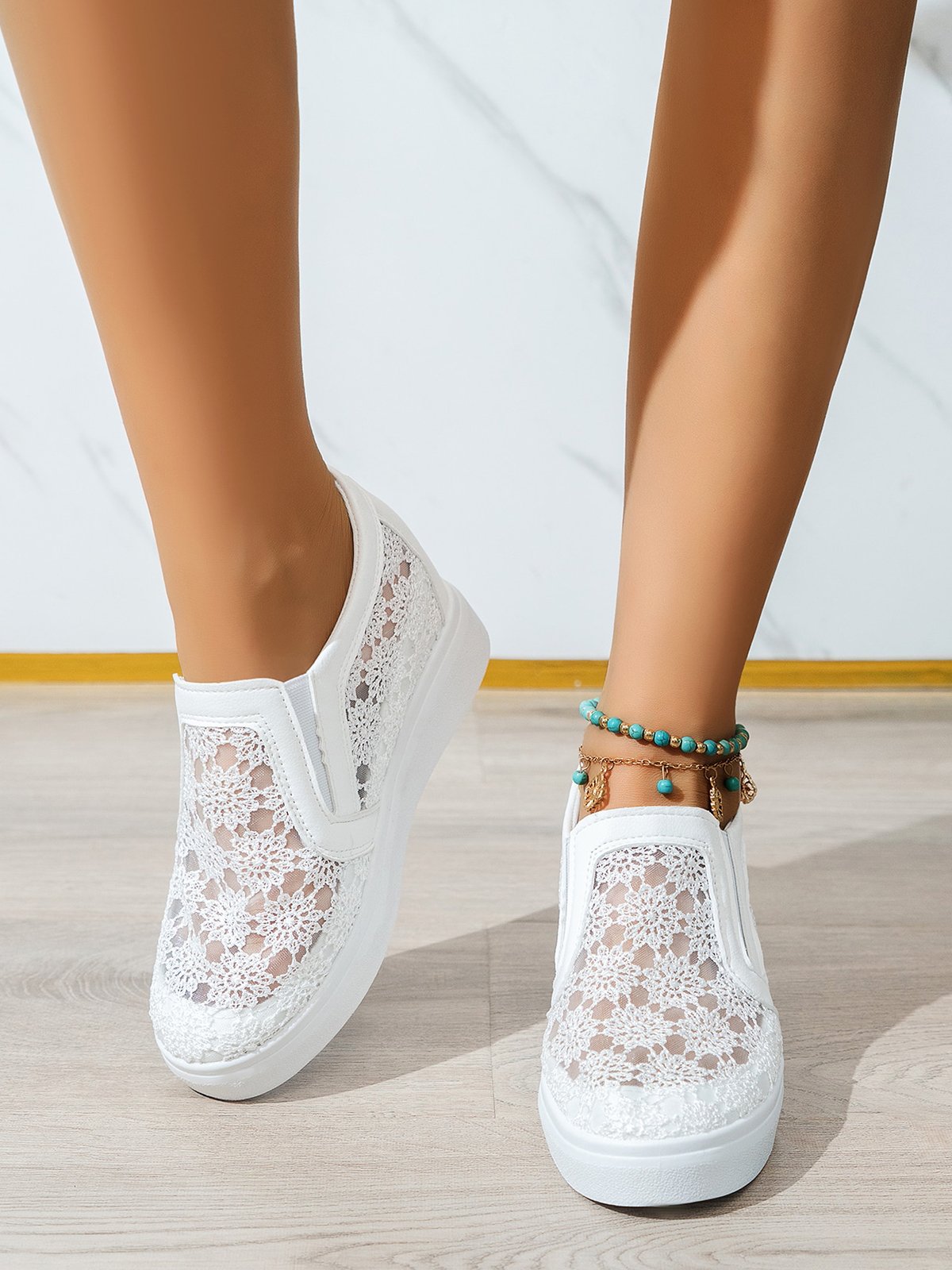 Flower Embroidery Lace Detail Hidden Heeled Shoes