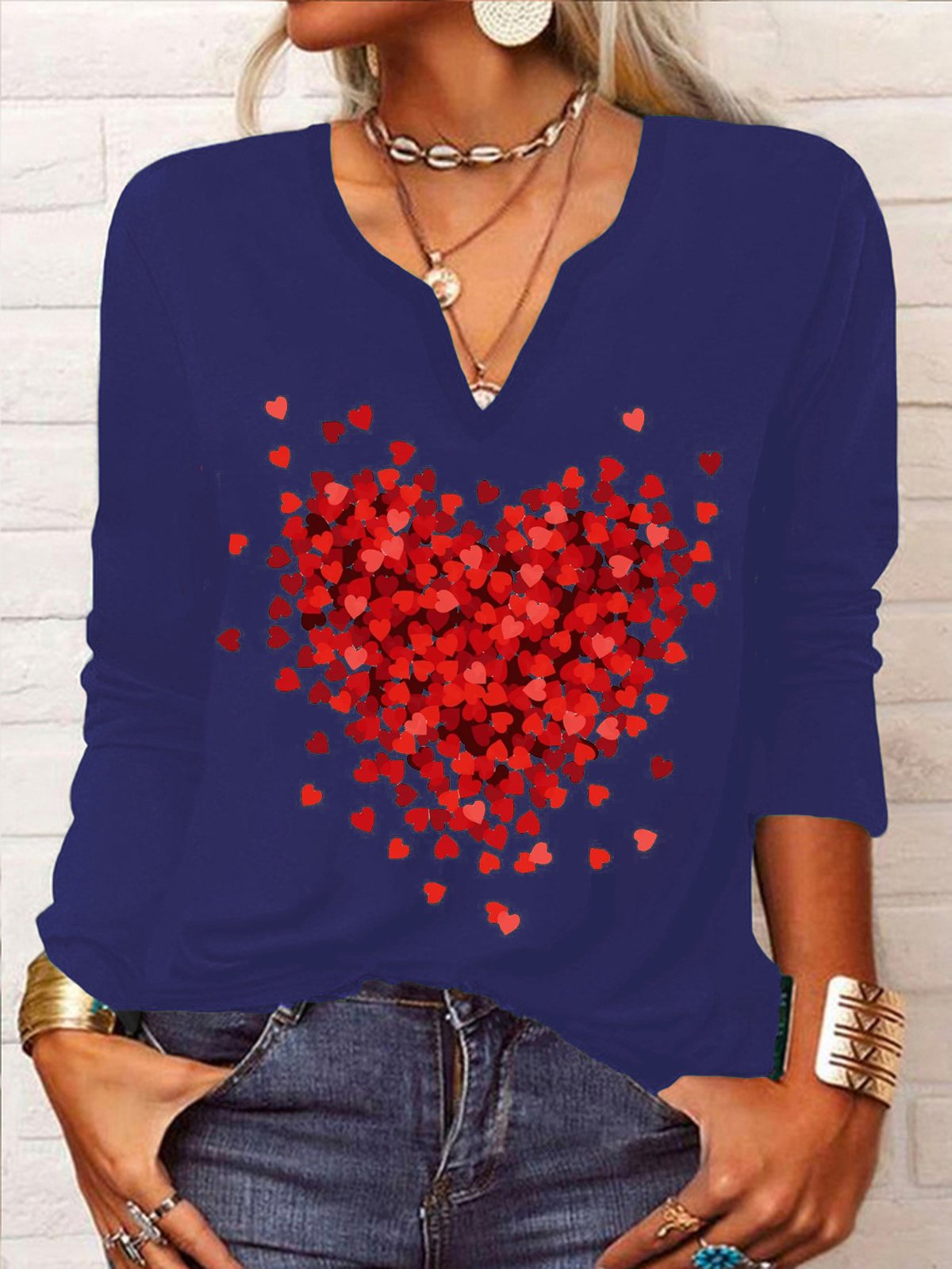 Valentine's Day Daily Casual Loose Heart/Cordate Print Jersey H-Line V neck Long Sleeve T-Shirt