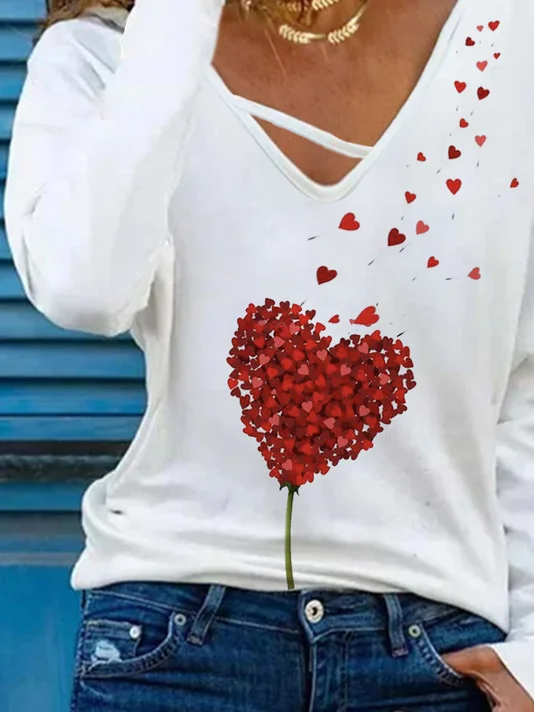 Plus Size Valentine's Day Casual Cotton Blends Lightweight Heart Printed Long Sleeve T-shirt