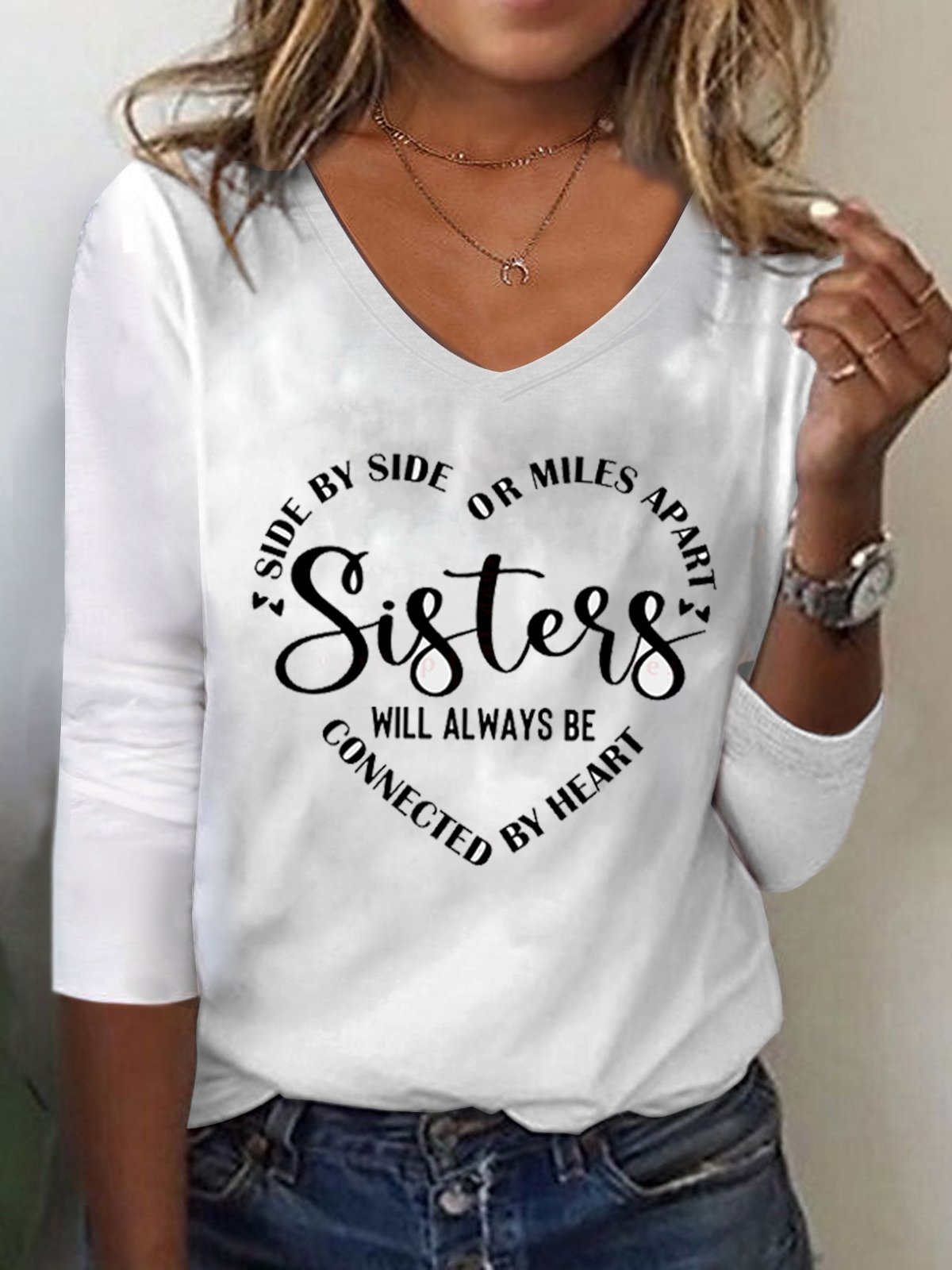 Women Sister Text Letters Regular Fit Jersey H-Line Casual V Neck Long Sleeve T-Shirt