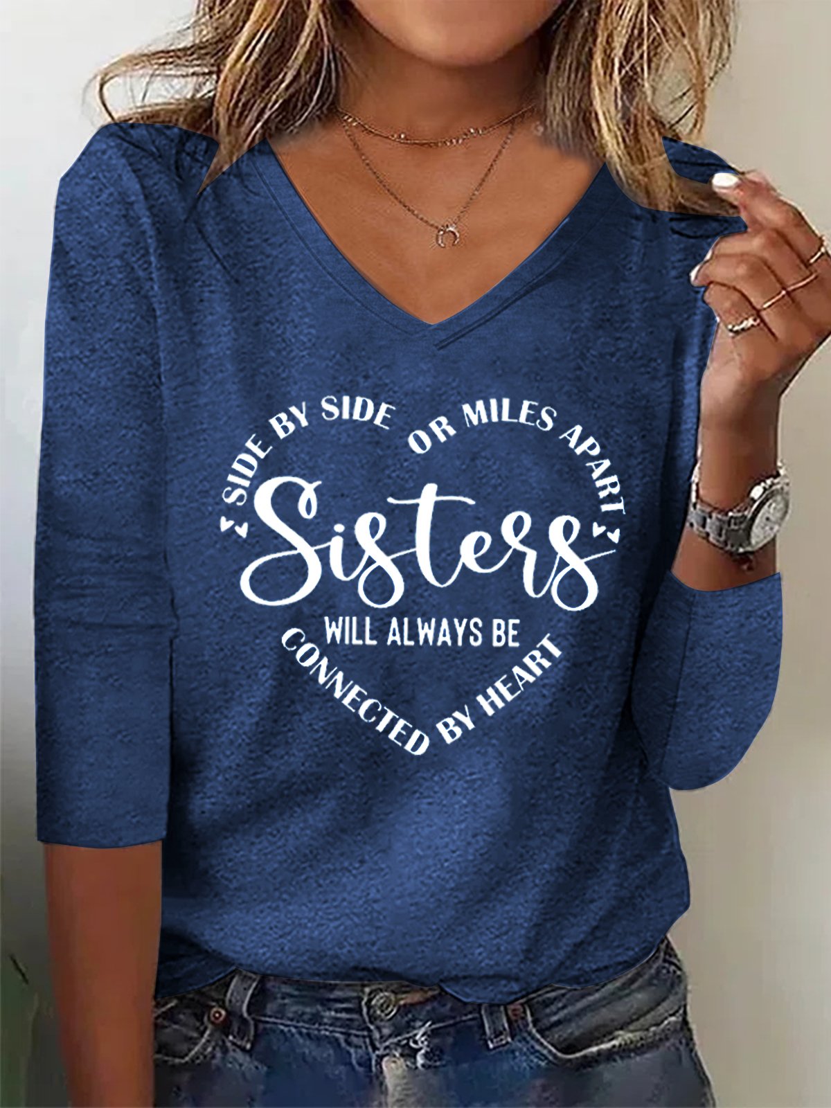 Women Sister Text Letters Regular Fit Jersey H-Line Casual V Neck Long Sleeve T-Shirt