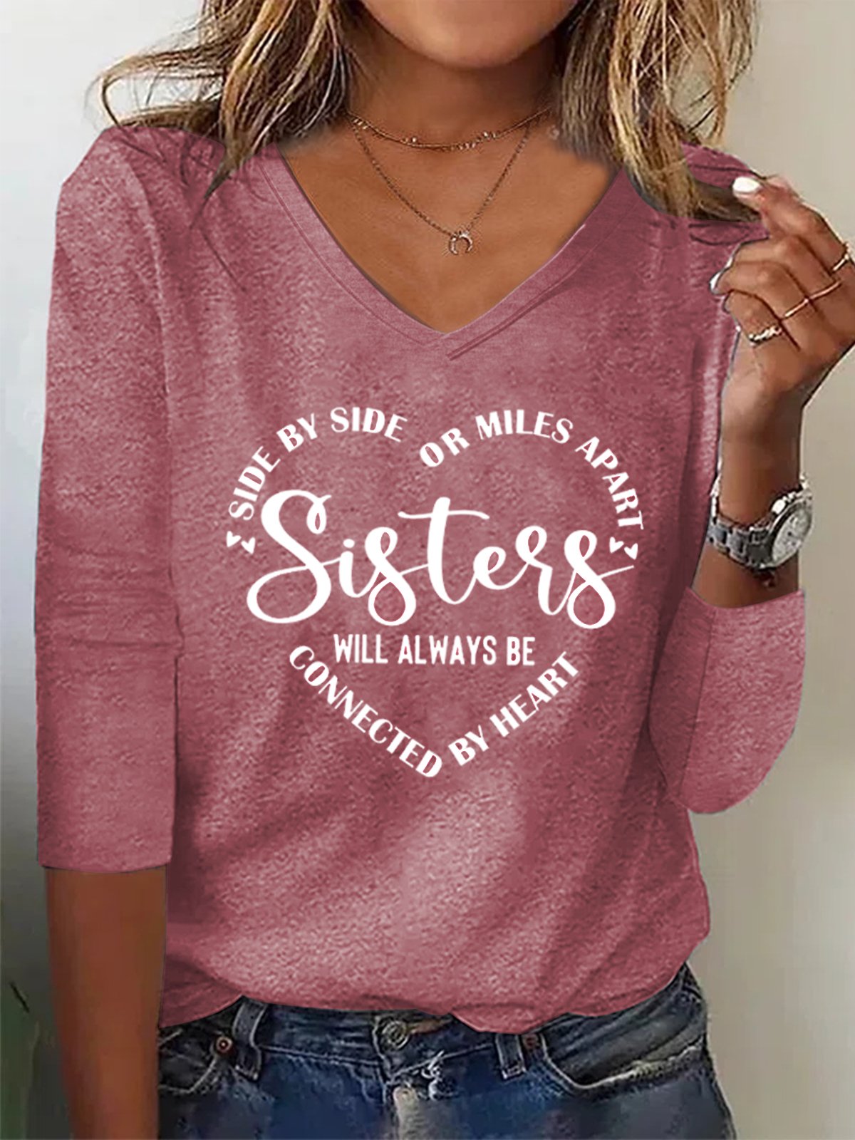 Women Sister Text Letters Regular Fit Jersey H-Line Casual V Neck Long Sleeve T-Shirt