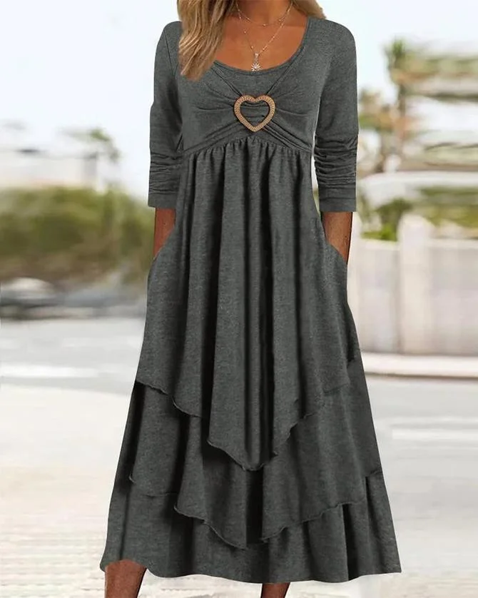 Plain Daily Casual Grommets Jersey Loose A-Line Long Sleeve Maxi Dress